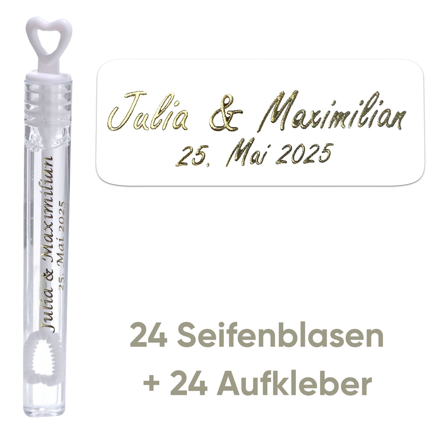24 Seifenblasen Herzgläschen mit 24 Aufkleber personalisiert