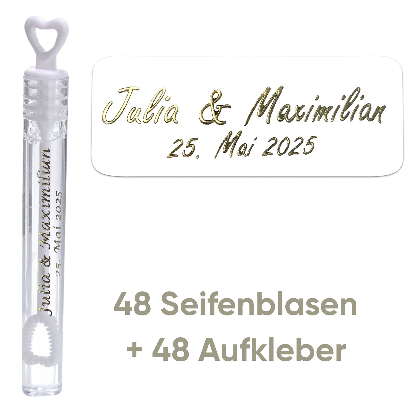 48 Seifenblasen Herzgläschen mit 48 Aufkleber personalisiert bronzegold-weiss