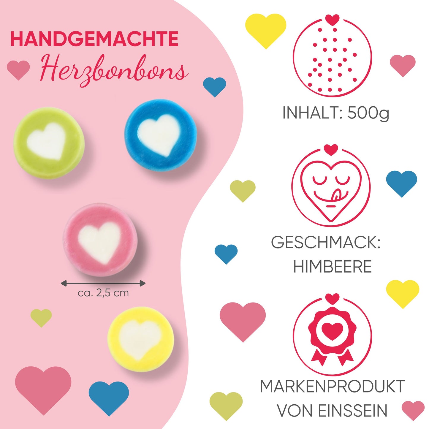 0,5kg Herzbonbons bunt - Bonbons Hochzeit Ostern Kindergeburtstag - Mitgebsel Gastgeschenke Geburtstag - Füllung Pinata
