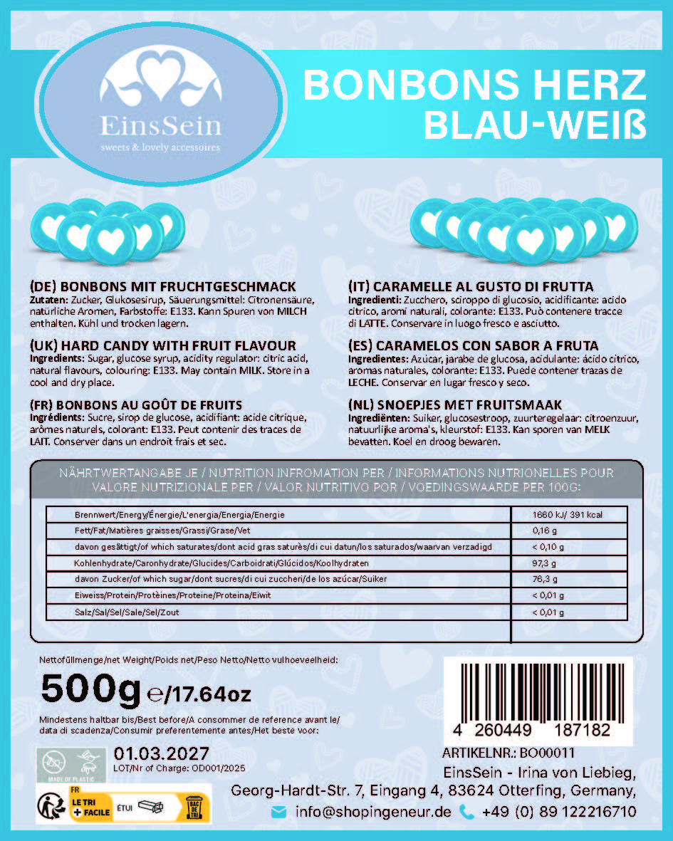 0,5kg Herzbonbons blau-hellblau-weiss - Bonbons Taufe Junge Kindergeburtstag - Mitgebsel Gastgeschenke Geburtstag