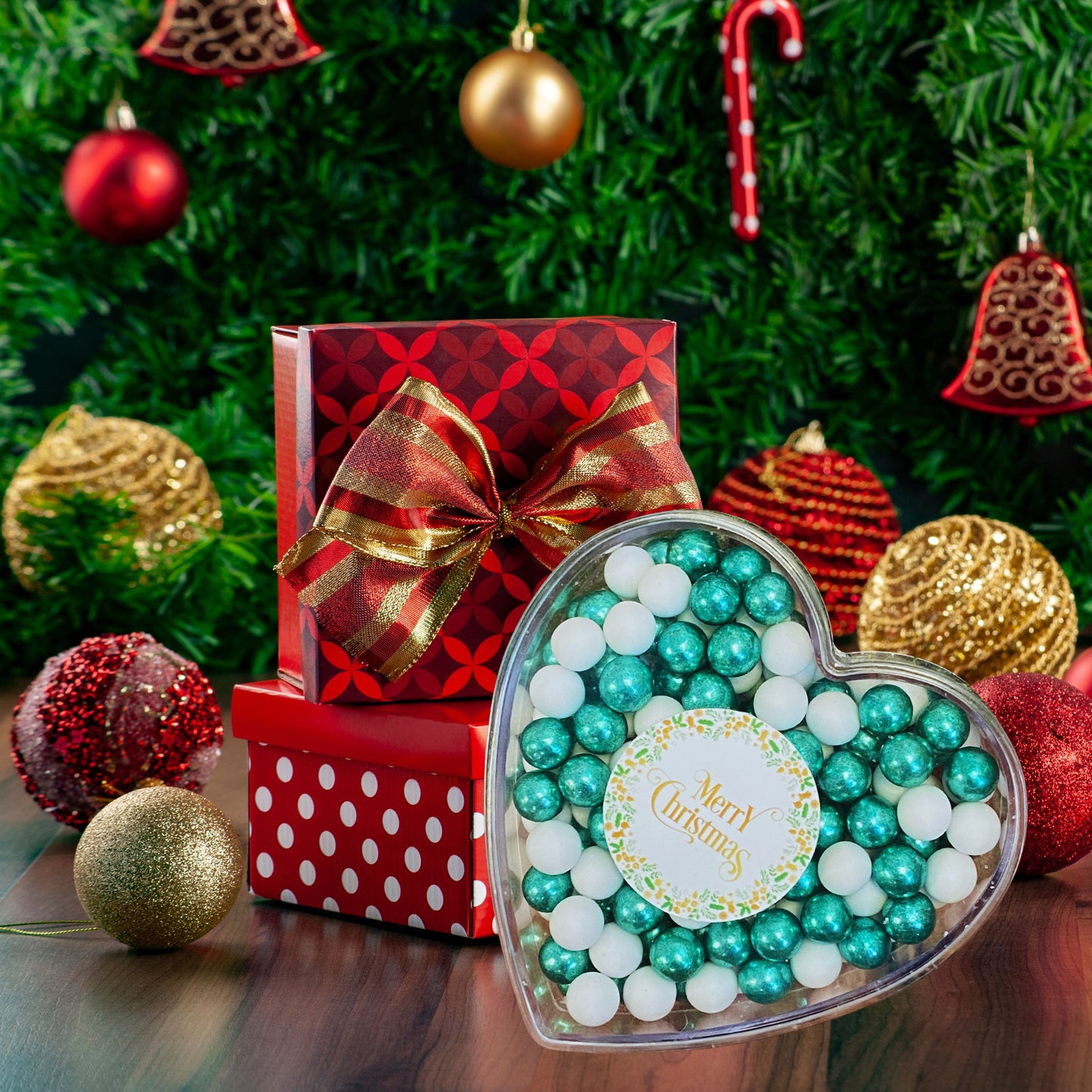 0,14kg Schokolade Weihnachts-Herz Weihnachtsgeschenk "Merry Christmas" weiss-grün