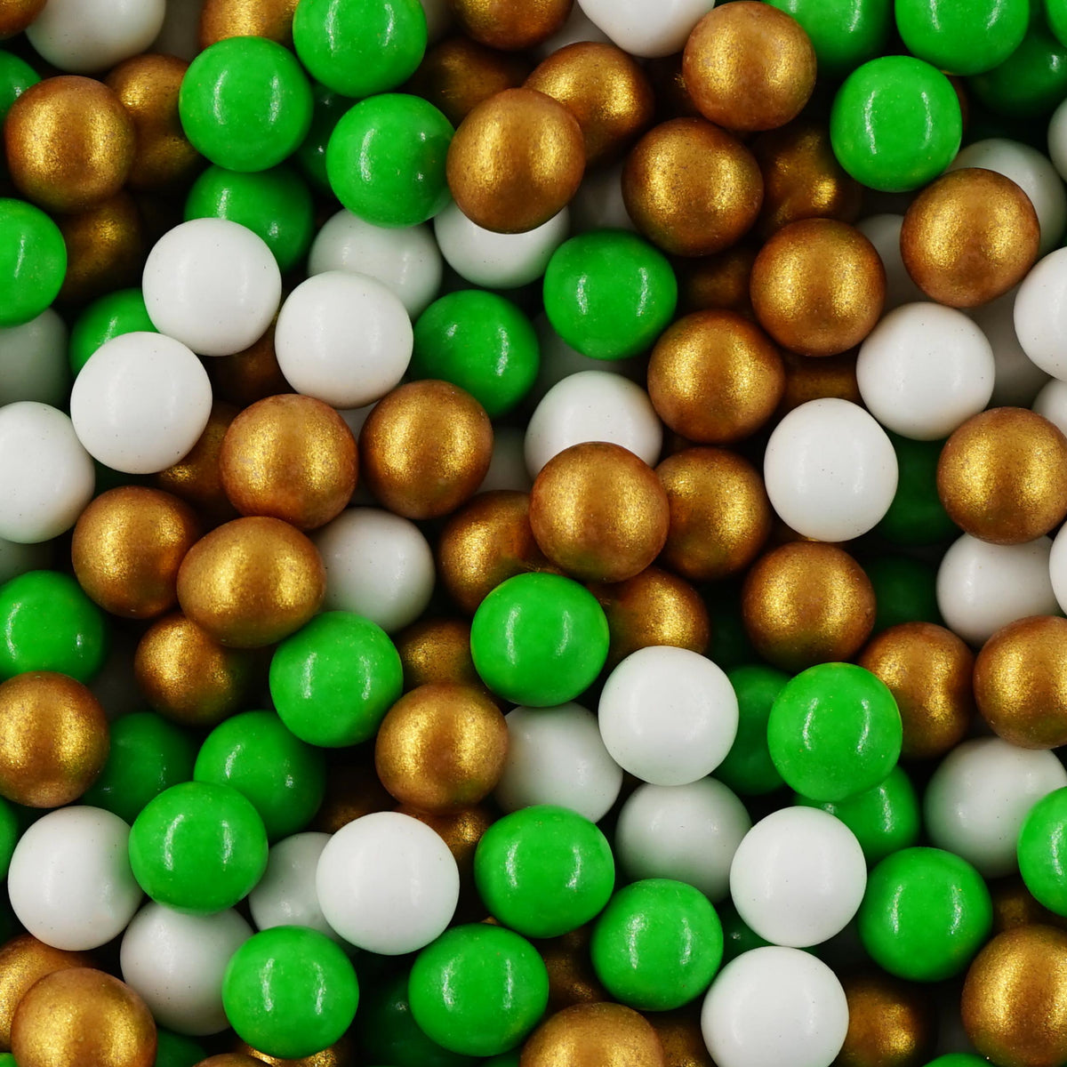 Mini Schokokugeln weiß-gold-grün metallic 1 kg – Detailansicht