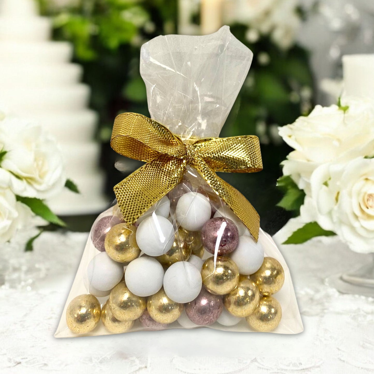5 Stück kleine Gastgeschenke mit Schokokugeln weiss-gold-rosa