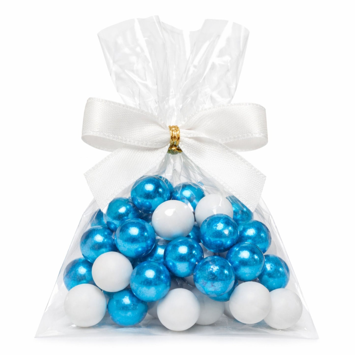 5 Stück kleine Gastgeschenke mit Schokokugeln weiss-blau