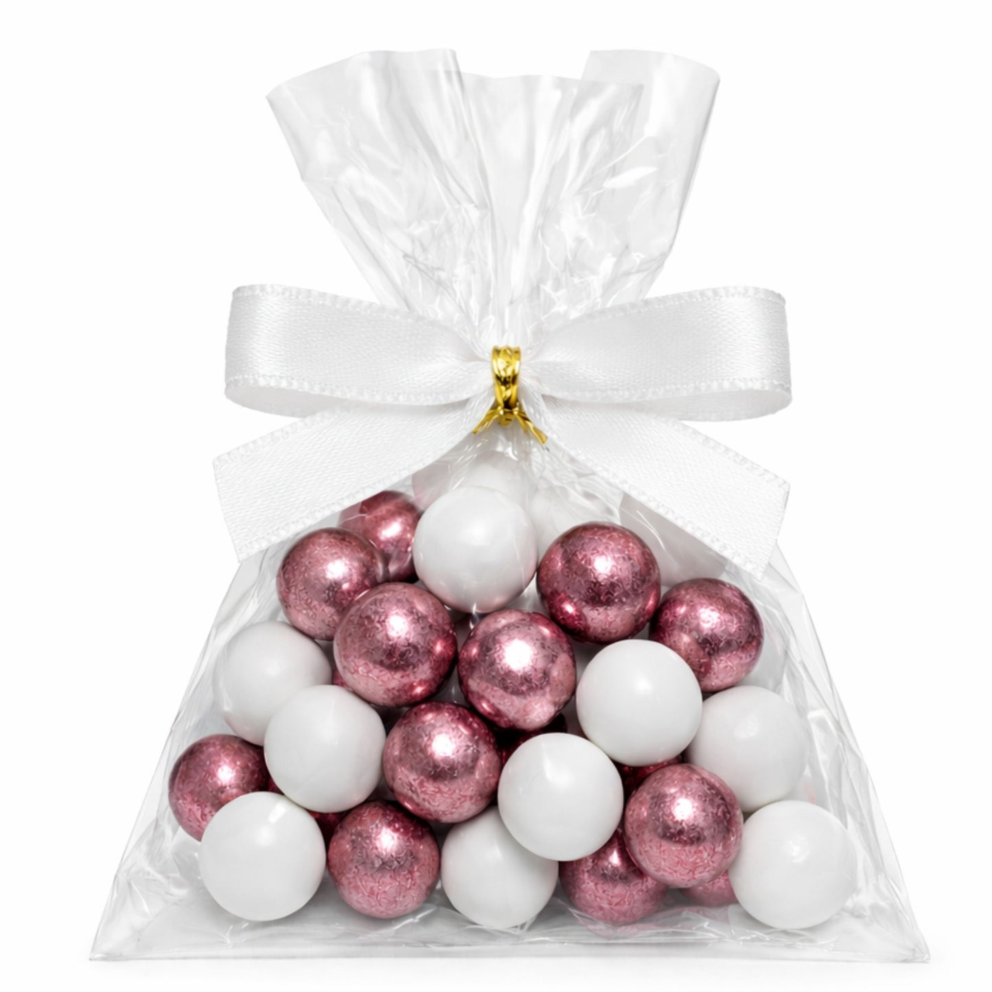 5 Stück kleine Gastgeschenke mit Schokokugeln weiss-rosa
