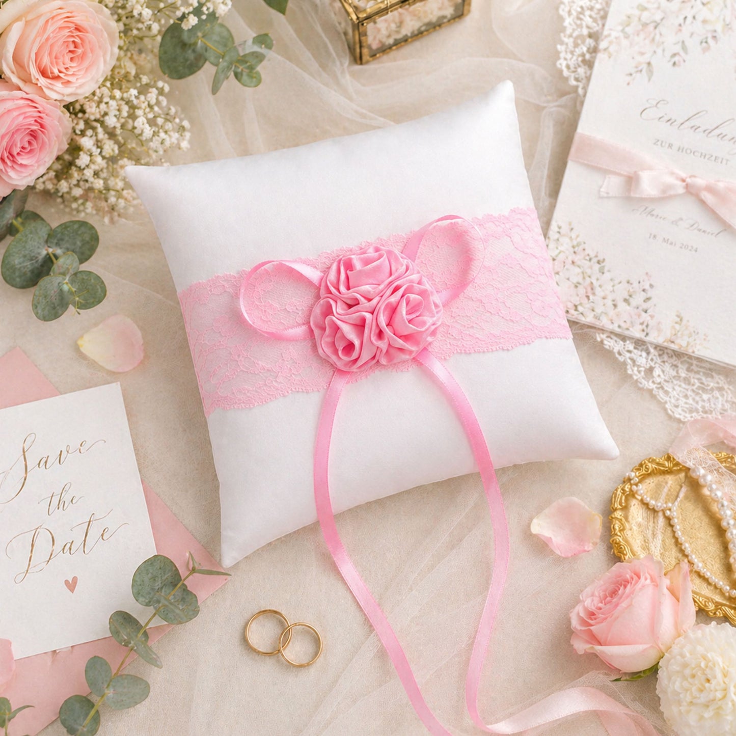 Ringkissen Flower Rosé Weiß 20x20 cm mit Spitze & Blume – Trauringkissen Vintage Hochzeit Rosa