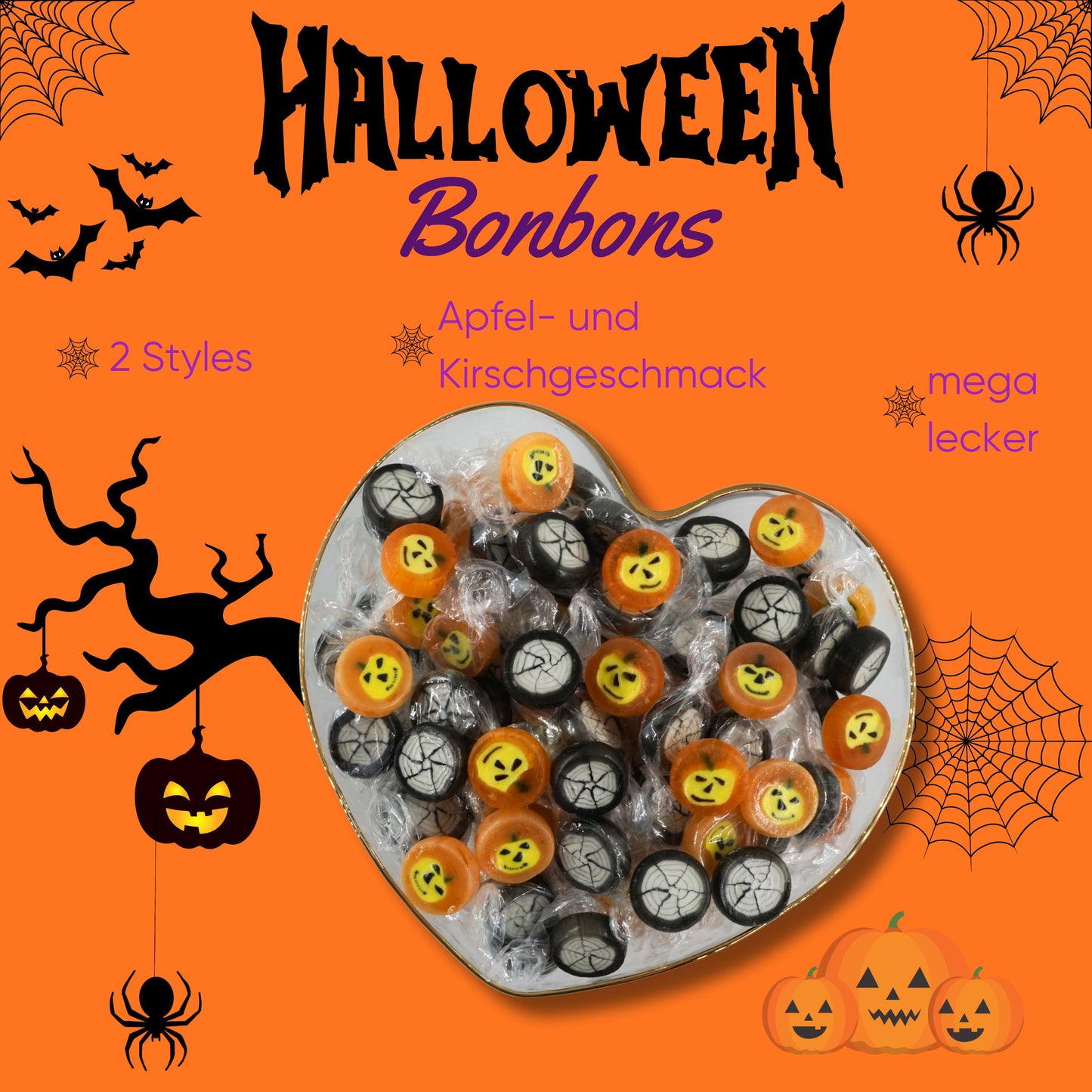 500g Halloween Bonbons Kürbis & Spinnennetz orange schwarz - Süßigkeiten für Halloween