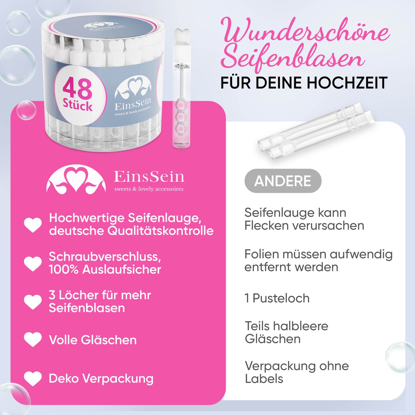 48x Seifenblasen Hochzeit Lovegläschen Box weiss