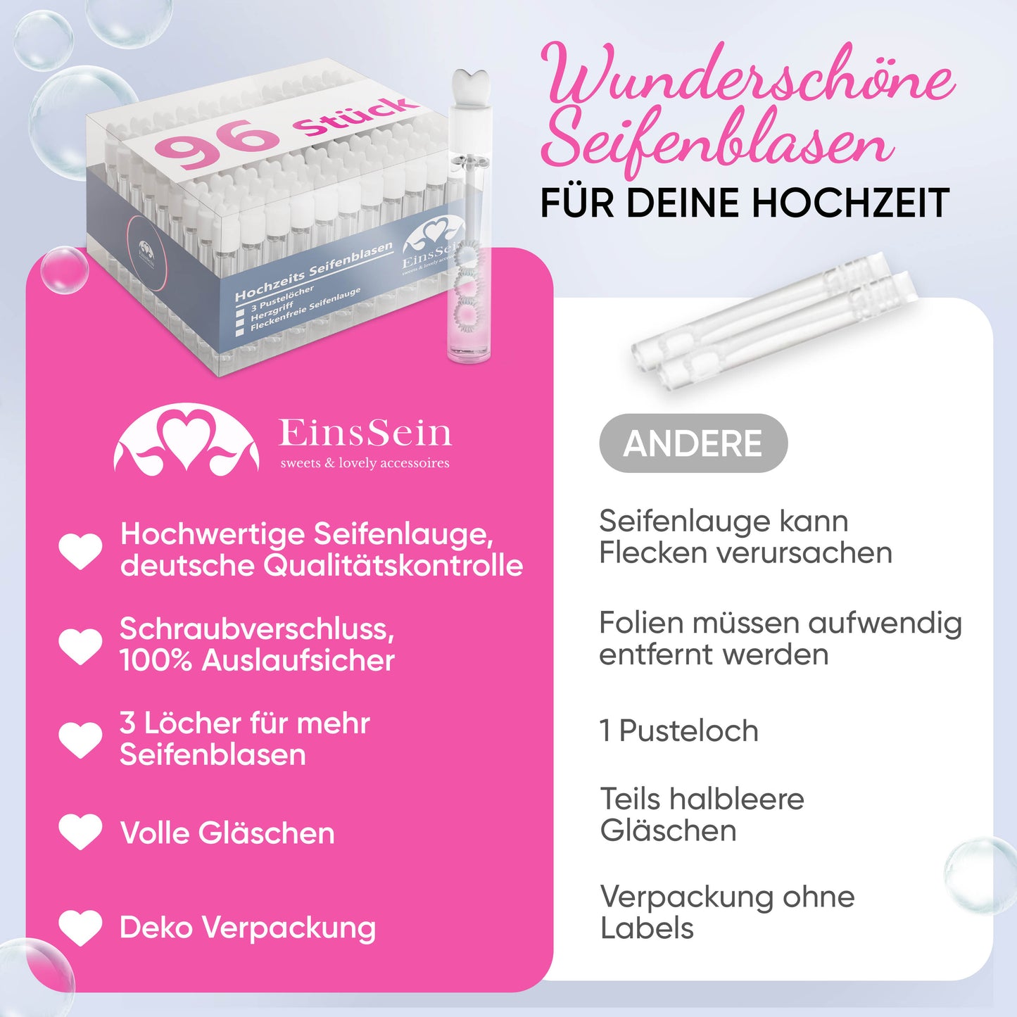 96x Seifenblasen Hochzeit Lovegläschen Box weiss