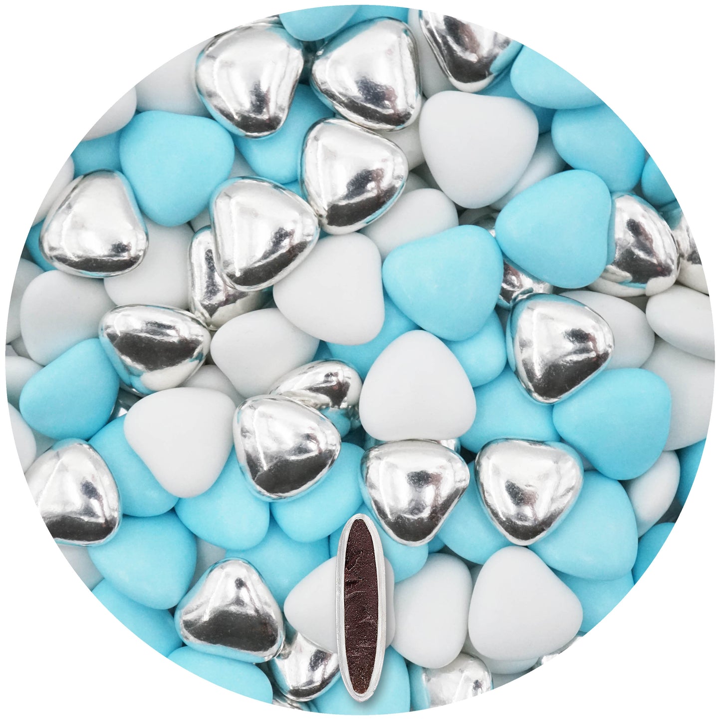 1kg Schokoherzen Dragees Mix medium weiss-hellblau-silber glanz