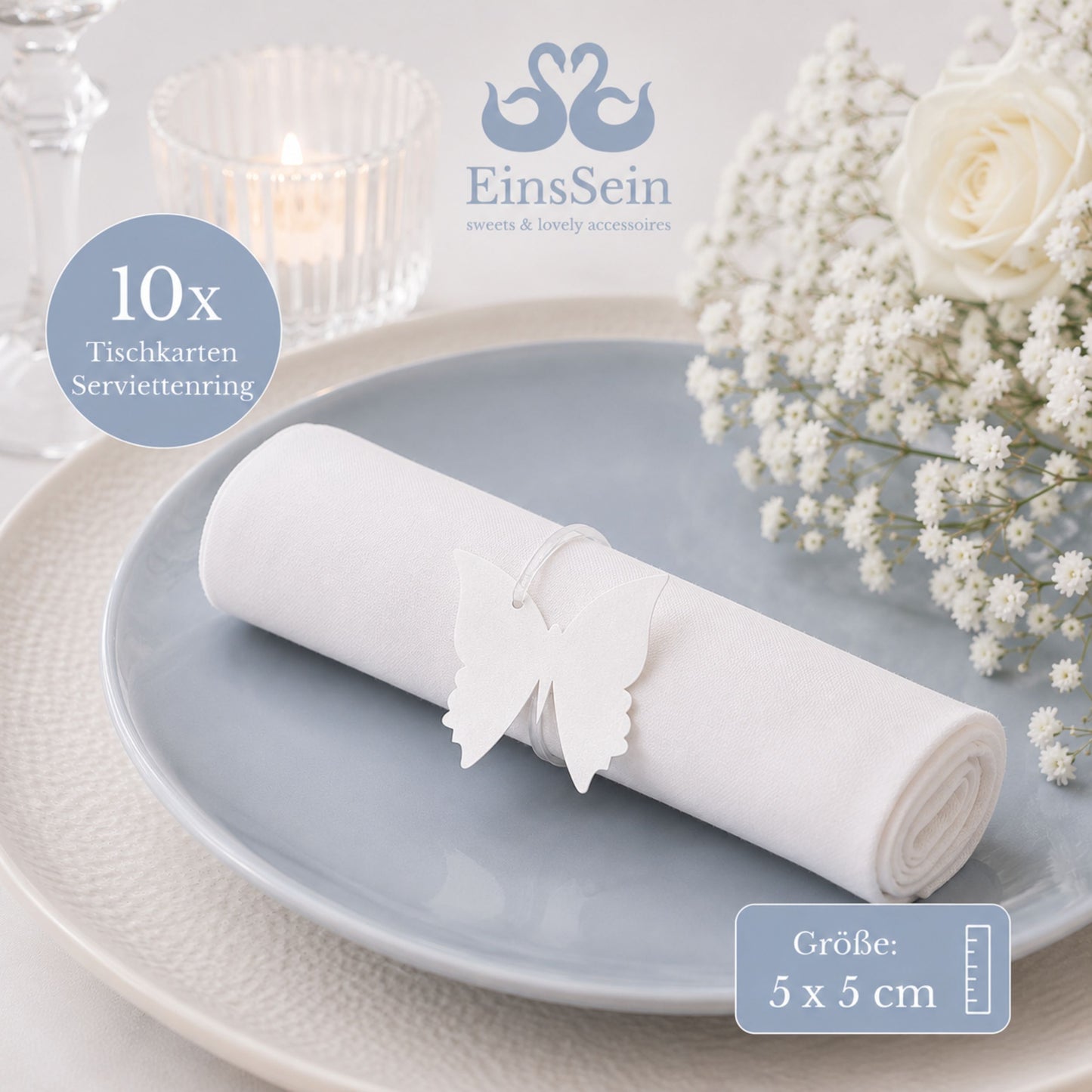 10x Tischkarten Serviettenring weiss