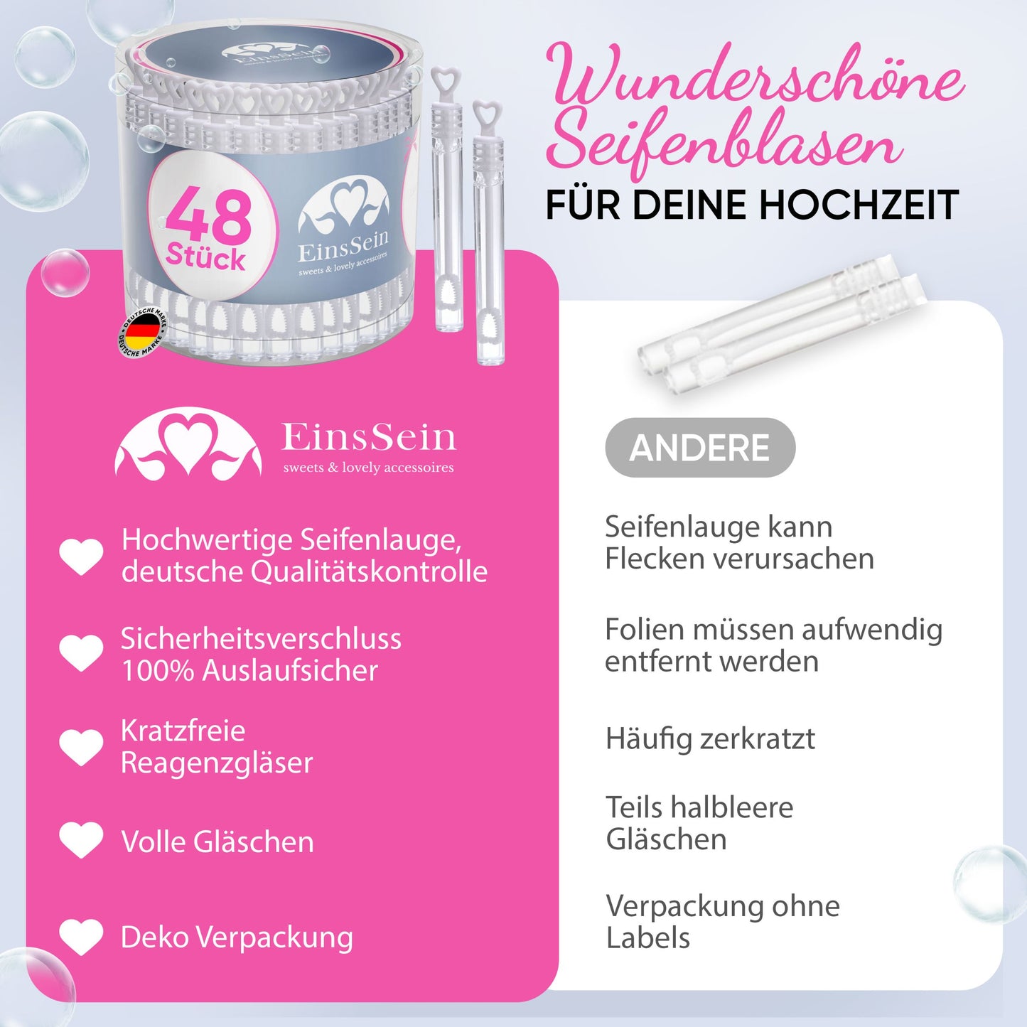 48x Seifenblasen Hochzeit Herzgläschen Box weiss