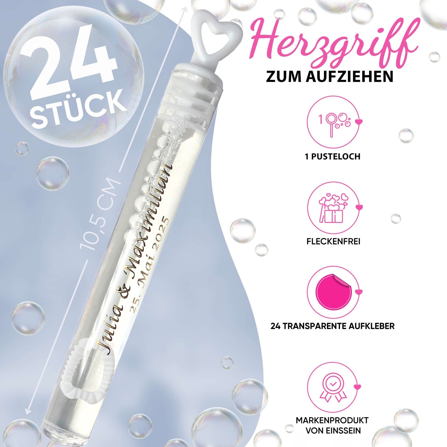24 Seifenblasen Herzgläschen mit 24 Aufkleber personalisiert