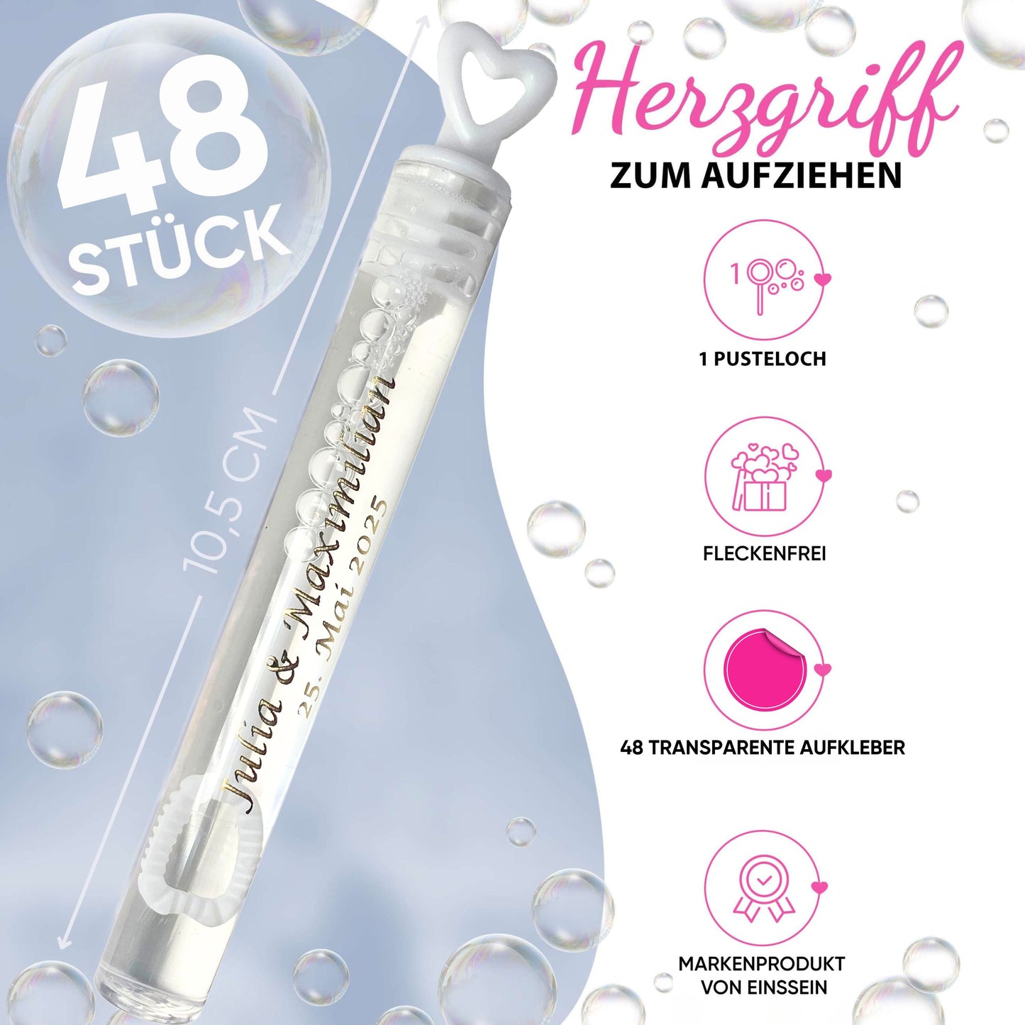 48 Seifenblasen Herzgläschen mit 48 Aufkleber personalisiert rosa-weiss