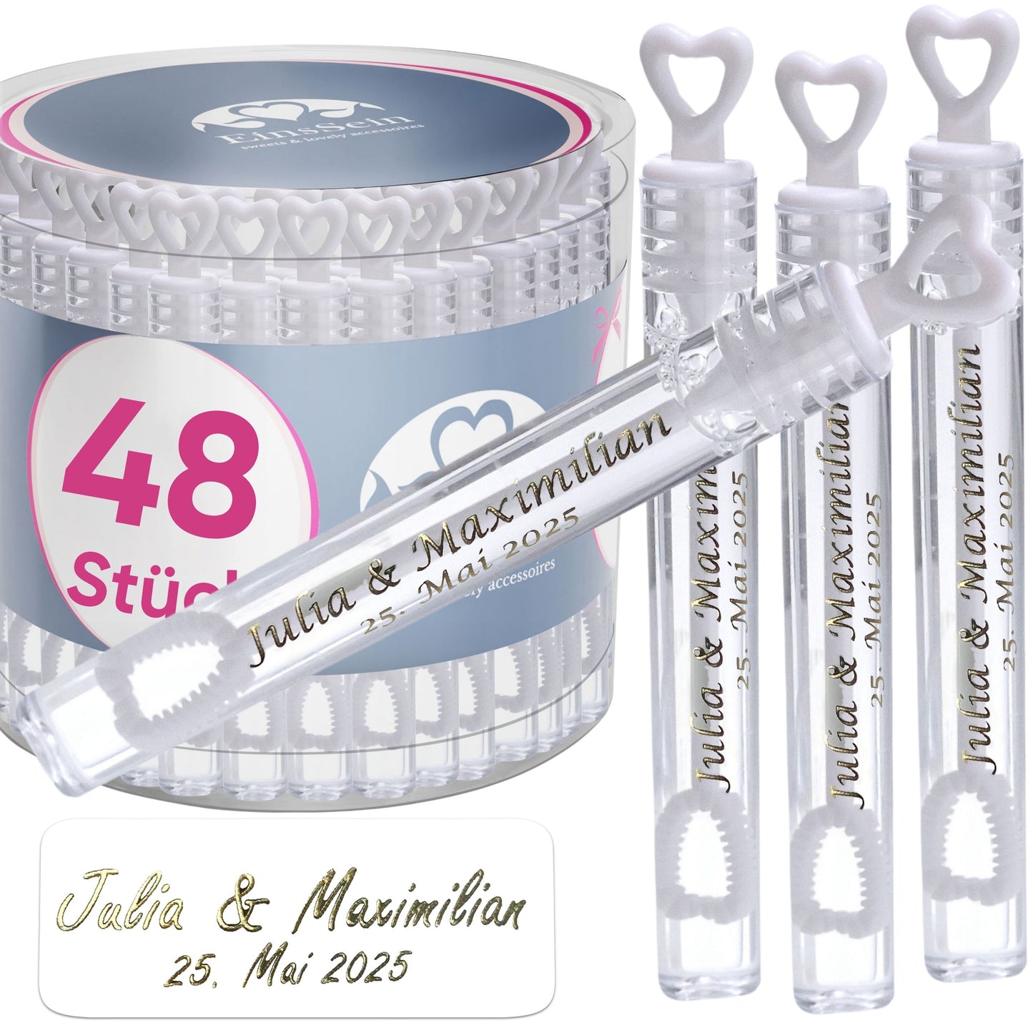 48 Seifenblasen Hochzeit Lovegläschen weiss mit 48 Aufkleber personalisiert
