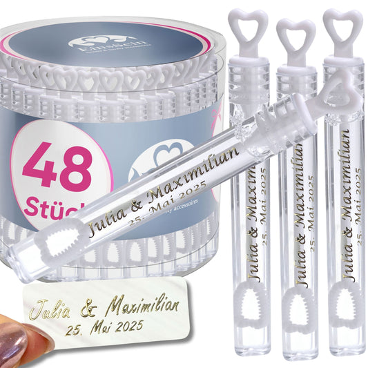 48 personalisierte Seifenblasen Hochzeit – Herzgläschen weiß mit Aufklebern zum Selbstbekleben