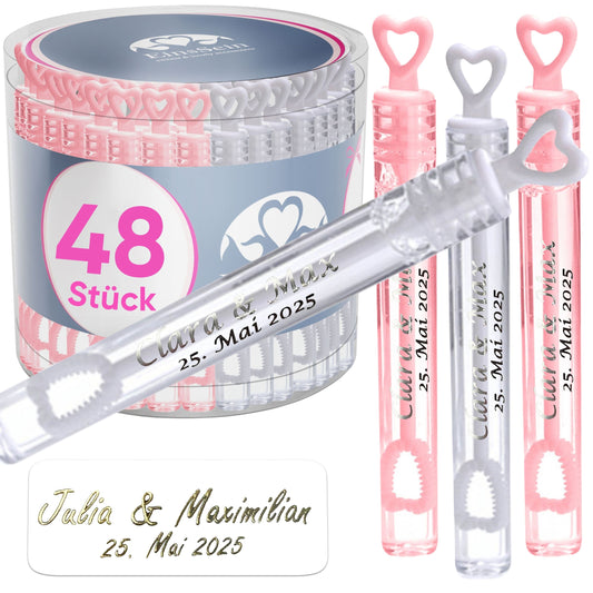 48 personalisierte Seifenblasen Hochzeit – Herzgläschen rosa-weiß mit Aufklebern zum Selbstbekleben