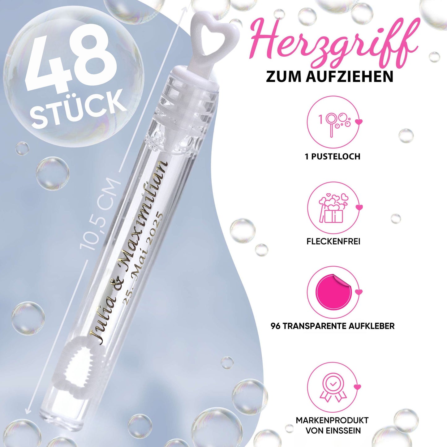 48 Seifenblasen Hochzeit Lovegläschen weiss mit 48 Aufkleber personalisiert