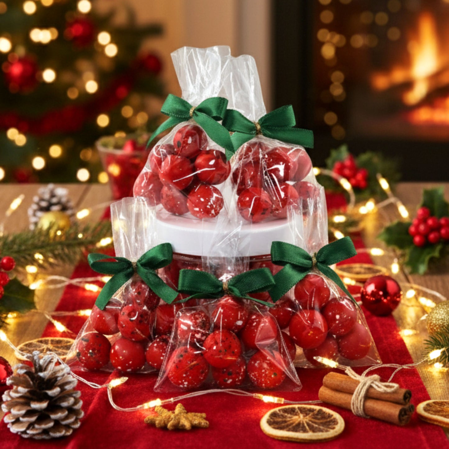 5 Stück fertige Gastgeschenke Weihnachten Crispykugeln Weihnachtskugeln rot-grün-weiss