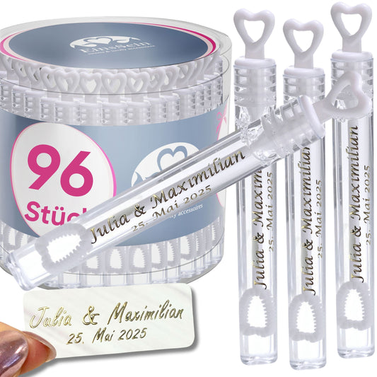 96 personalisierte Seifenblasen Hochzeit – Herzgläschen weiß mit Aufklebern zum Selbstbekleben