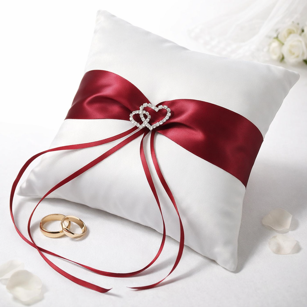 Hochzeits Set Amore Ringkissen 20x20 cm + 2 Streukörbchen Rot Weiß mit Strassherzen – Trauringkissen Set