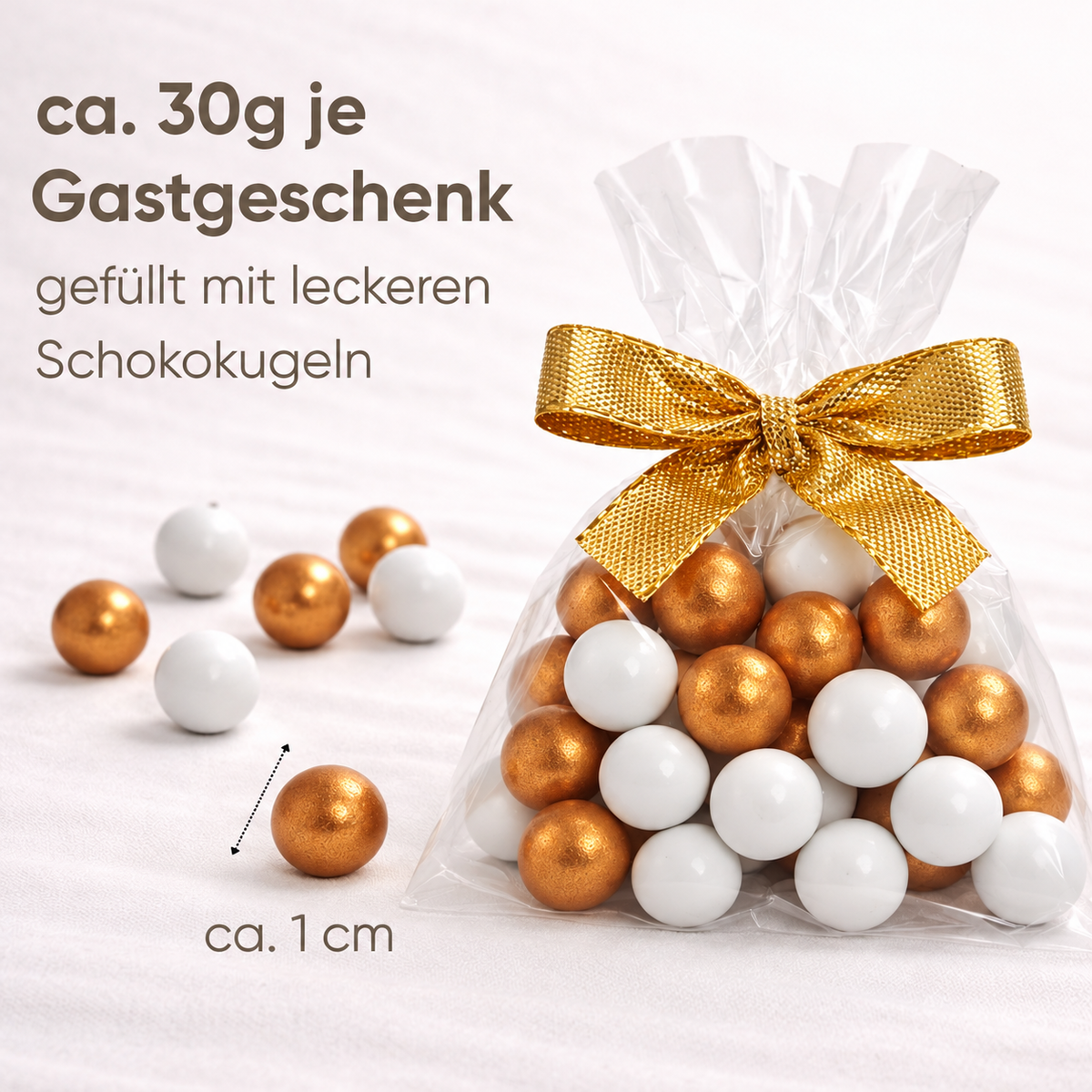 5 fertige Gastgeschenke weiß-gold mit Schokokugeln – Detailansicht