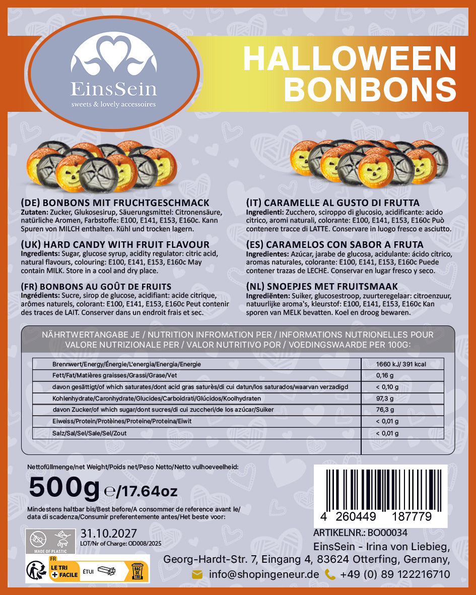 500g Halloween Bonbons Kürbis & Spinnennetz orange schwarz - Süßigkeiten für Halloween