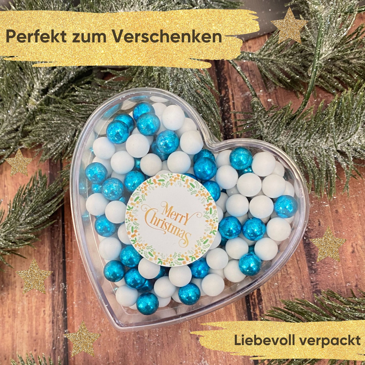 0,14kg Schokolade Weihnachts-Herz Weihnachtsgeschenk "Merry Christmas" weiss-blau
