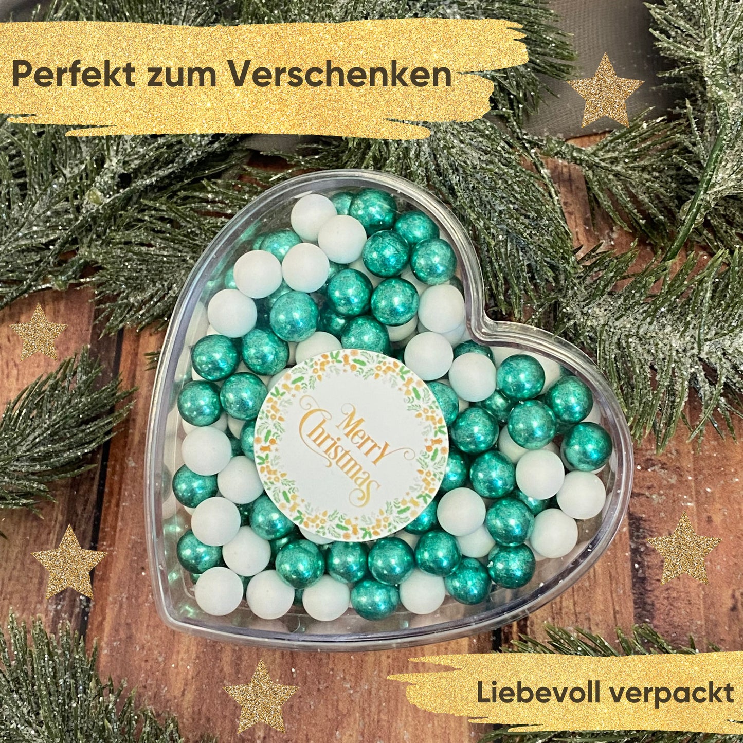 0,14kg Schokolade Weihnachts-Herz Weihnachtsgeschenk "Merry Christmas" weiss-grün
