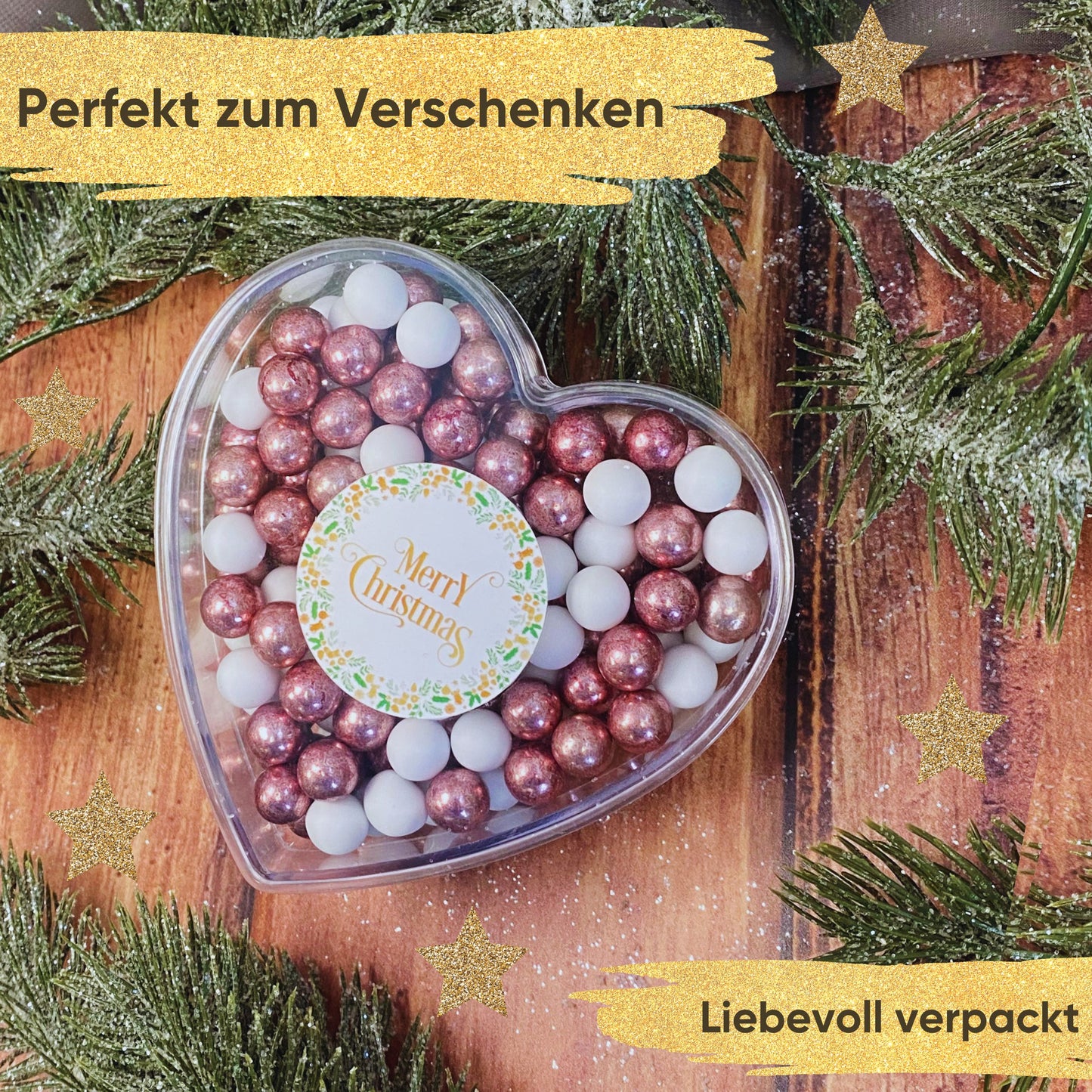 0,14kg Schokolade Weihnachts-Herz Weihnachtsgeschenk "Merry Christmas" weiss-rosa