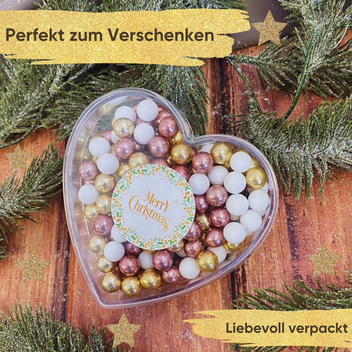 0,14kg Schokolade Weihnachts-Herz Weihnachtsgeschenk "Merry Christmas" weiss-gold-rosa