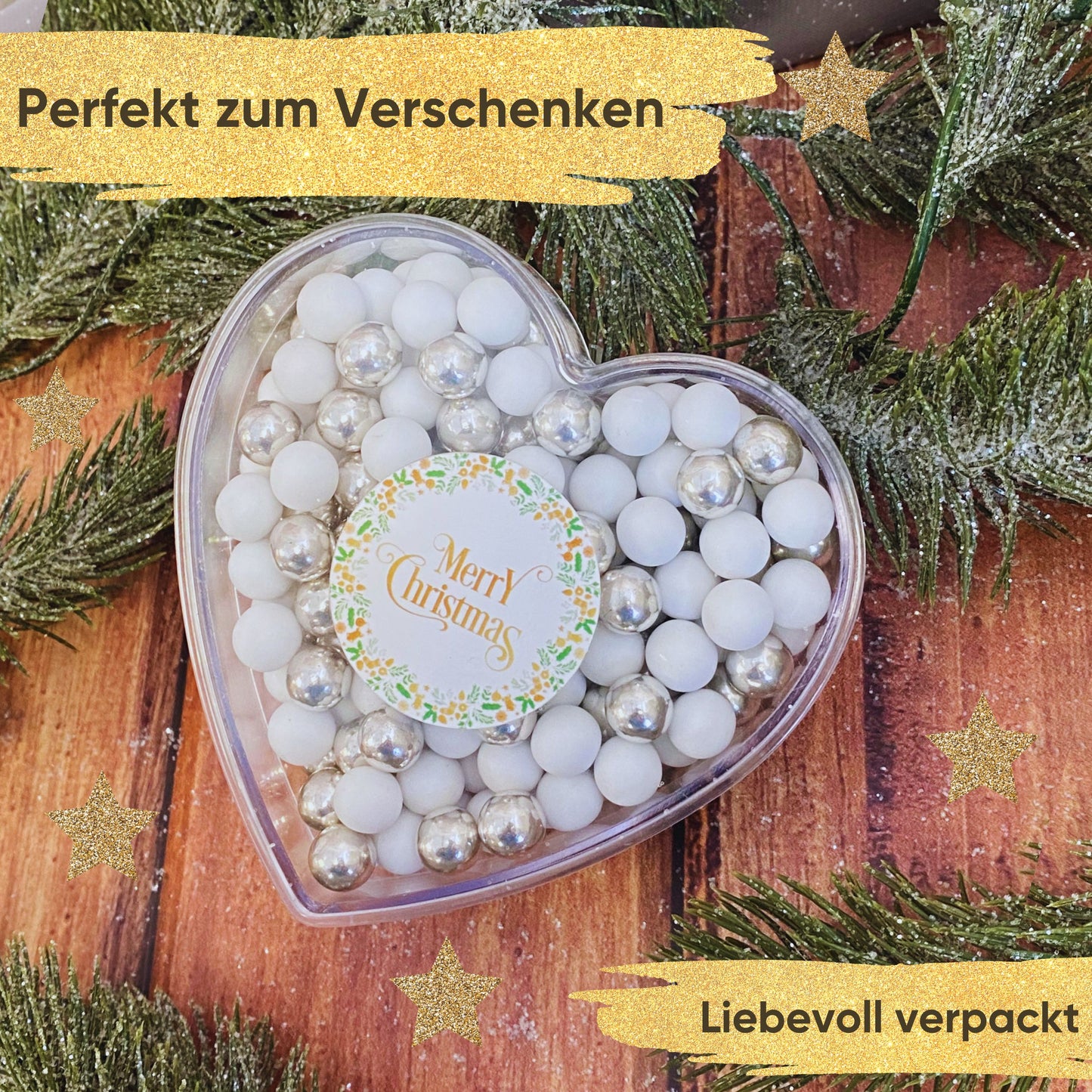 Weihnachtsherz Weihnachtsgeschenk "Merry Christmas" weiss-silber - 140g - Wichtelgeschenk