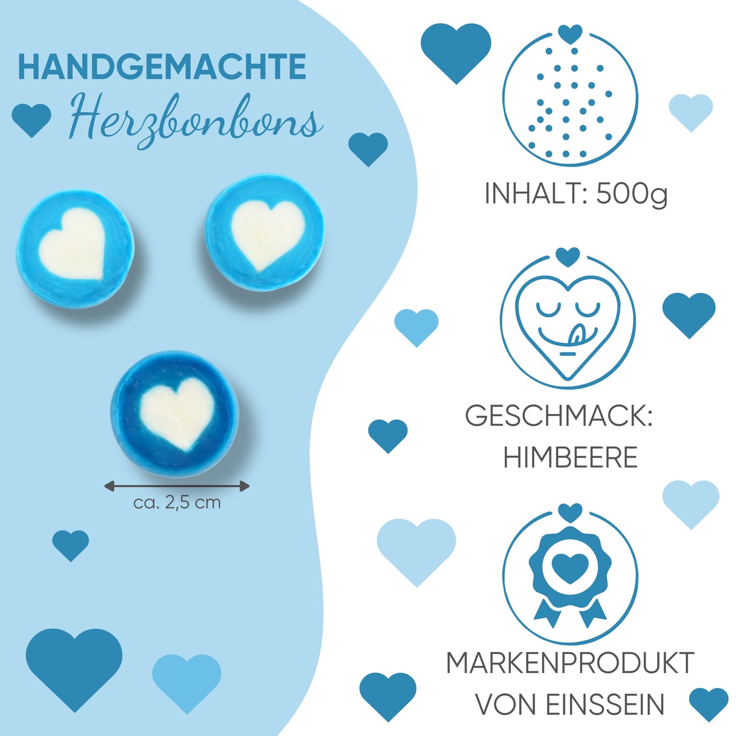 0,5kg Herzbonbons blau-hellblau-weiss - Bonbons Taufe Junge Kindergeburtstag - Mitgebsel Gastgeschenke Geburtstag