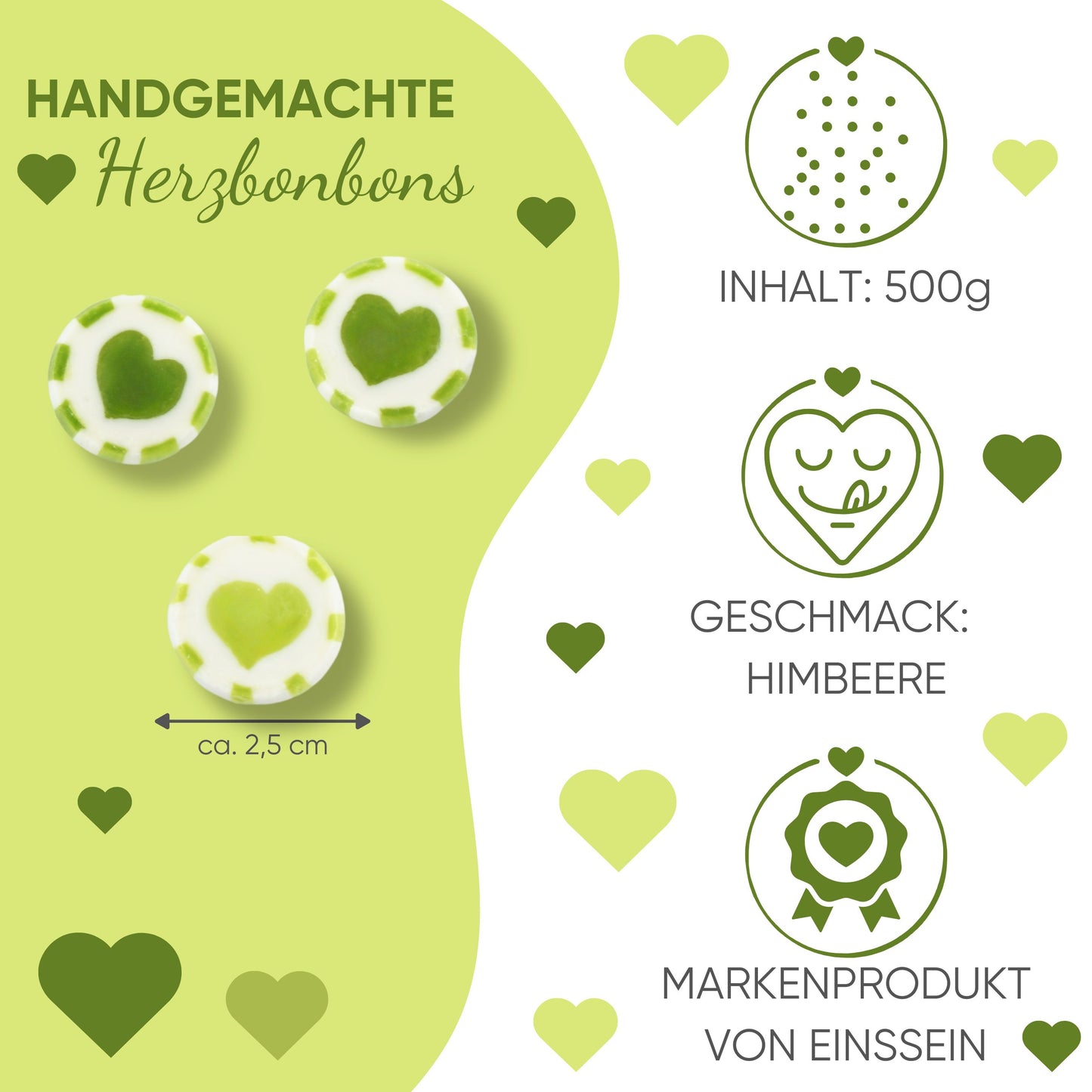 0,5kg Herzbonbons grün-hellgrün-weiss - Bonbons Ostern Hochzeit Taufe Kindergeburtstag Geburtstag