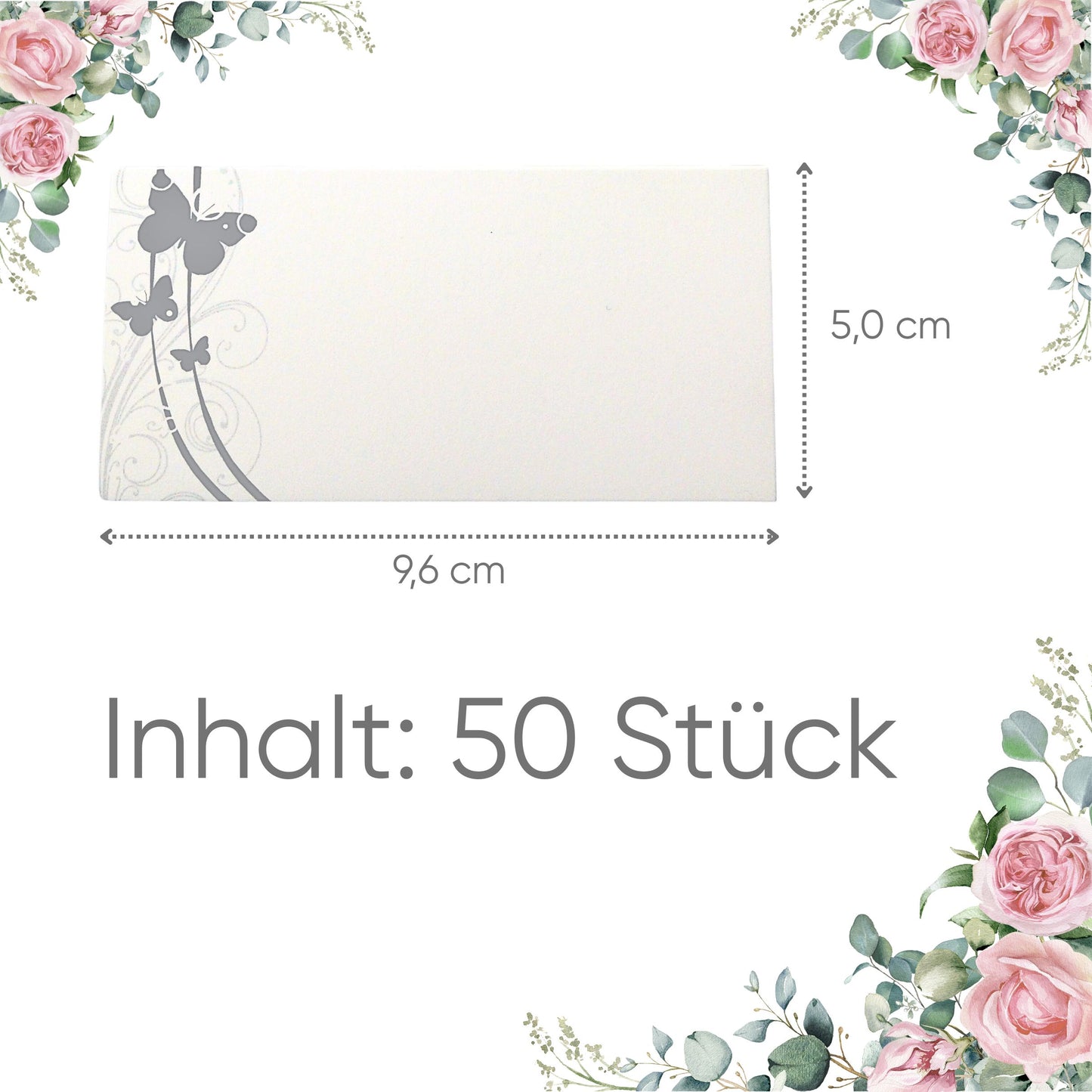 50x Tischkarten Liebesfalter silber