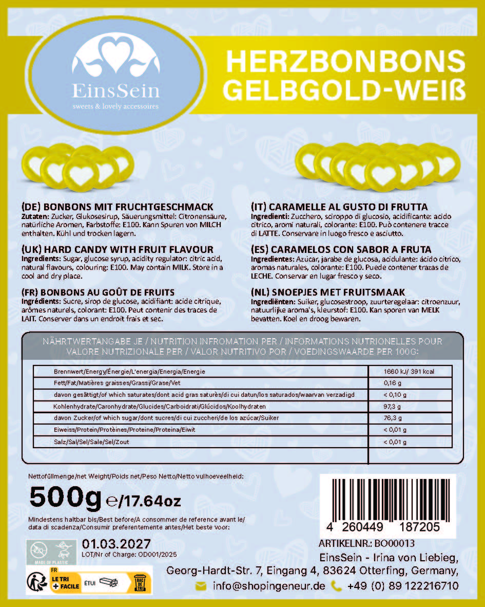 0,5kg Herzbonbons gelb-gold-weiss