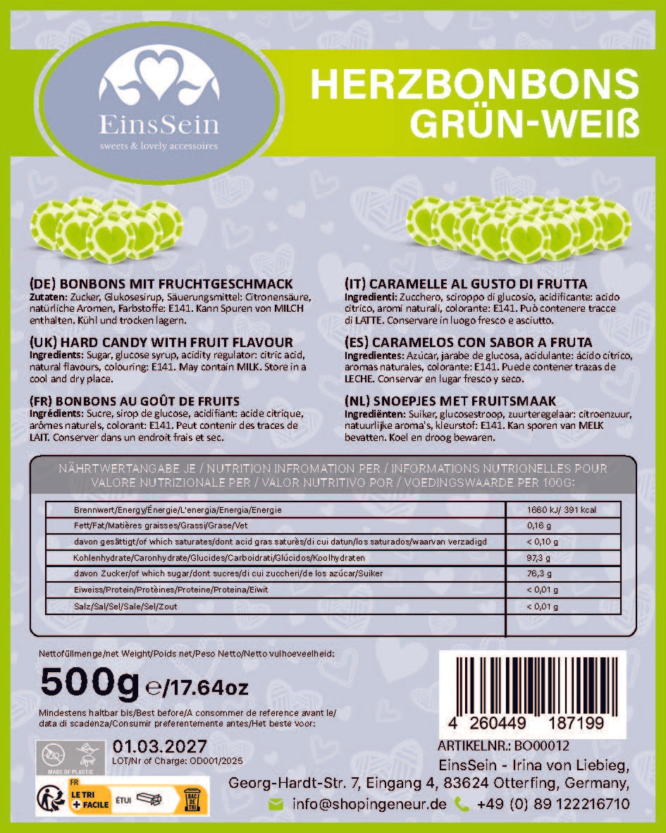 0,5kg Herzbonbons grün-hellgrün-weiss - Bonbons Ostern Hochzeit Taufe Kindergeburtstag Geburtstag