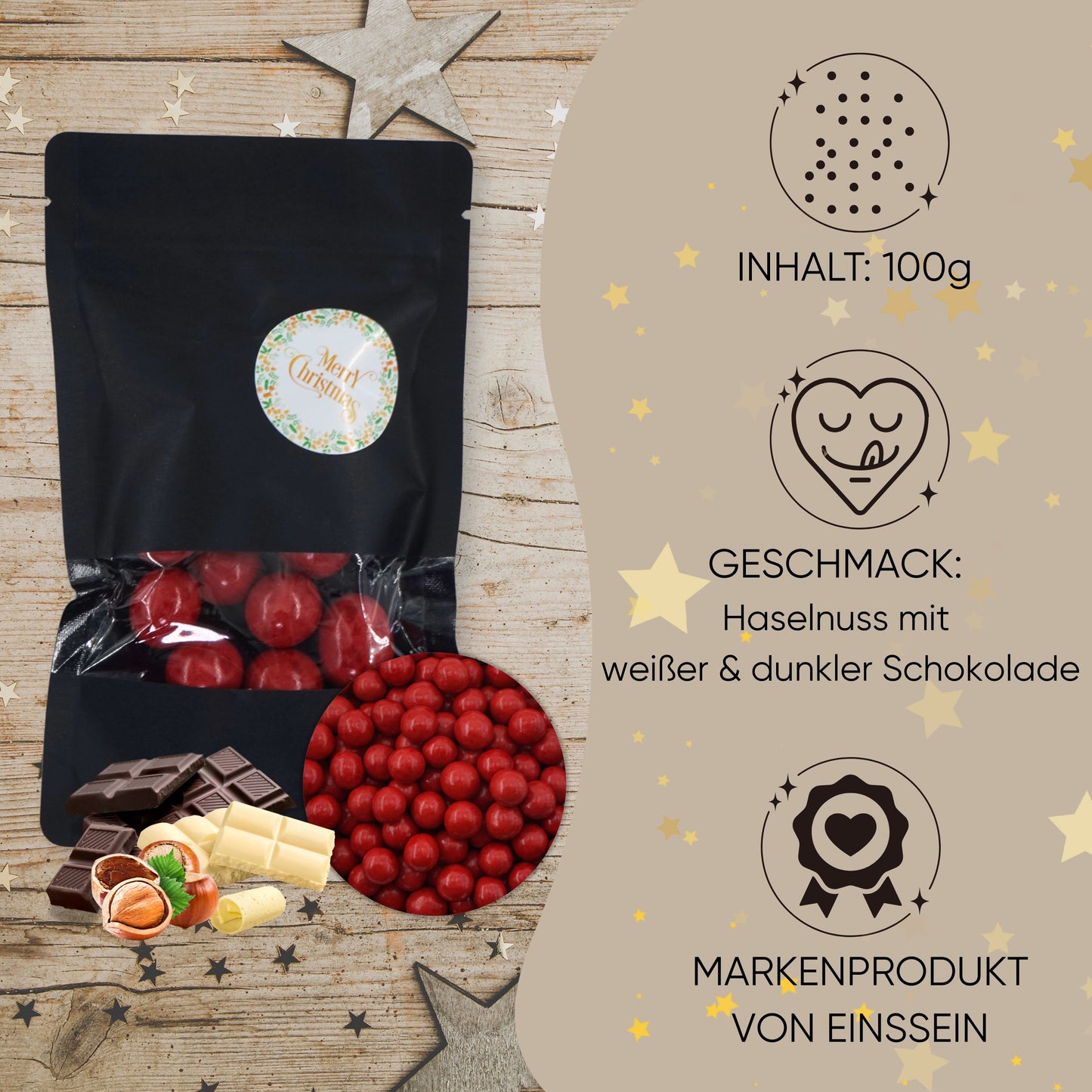 EinsSein Geschenk Weihnachten mit Schokokugeln rot | Süßigkeiten Weihnachten 100g | Nikolaus Geschenk | Kleinigkeiten für Kollegen Freunde Nachbarn | Schokolade zum Advent | Weihnachtsschokolade