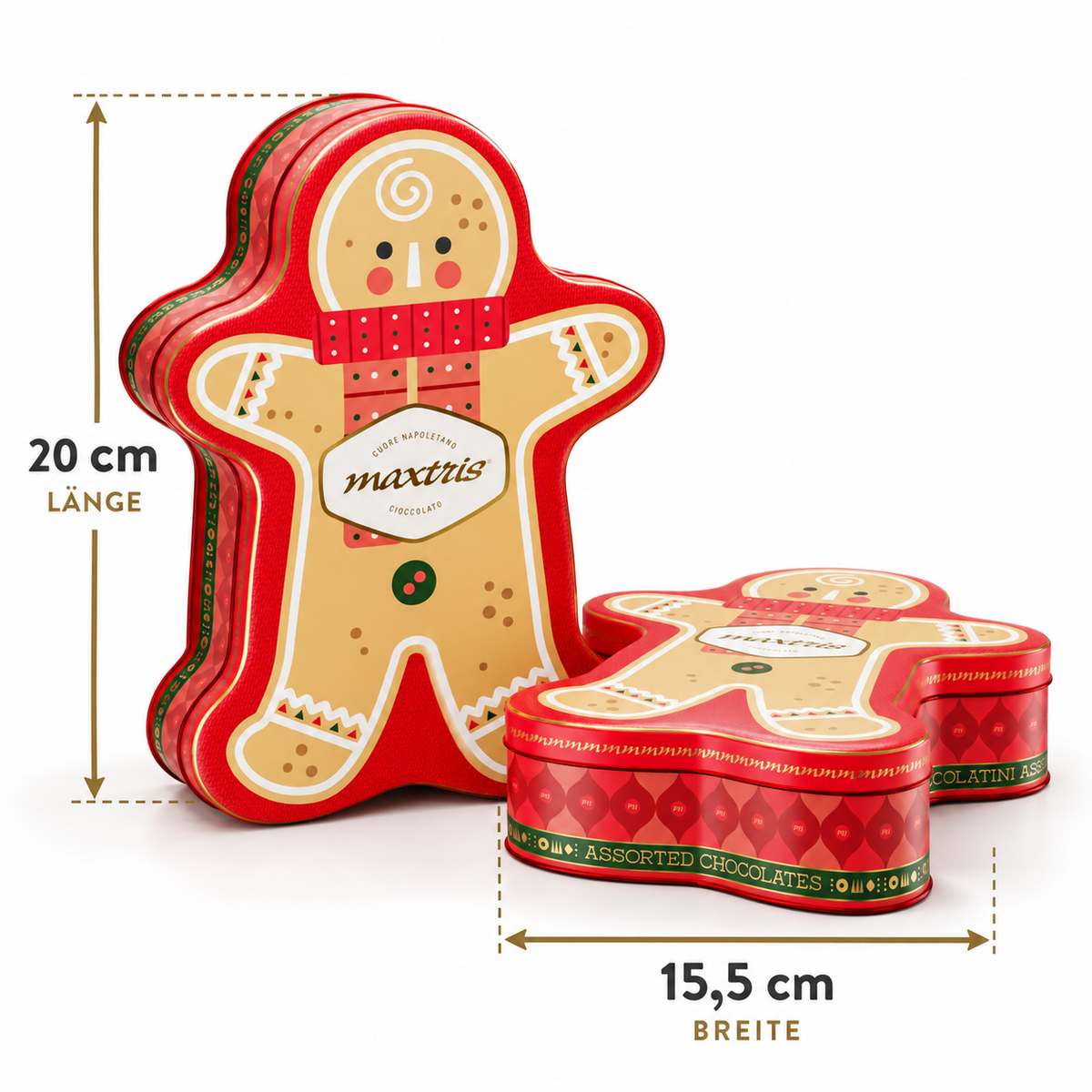 Gingerbread Lebkuchenmann-Dose mit Pralinen – geöffnet mit einzeln verpackten Pralinen
