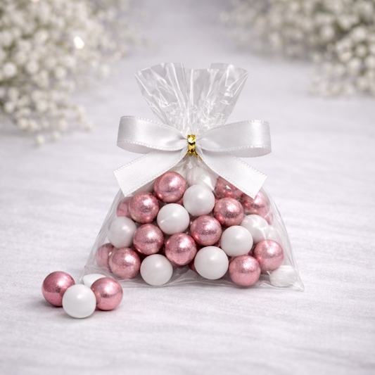 5 Stück kleine Gastgeschenke mit Schokokugeln weiss-rosa