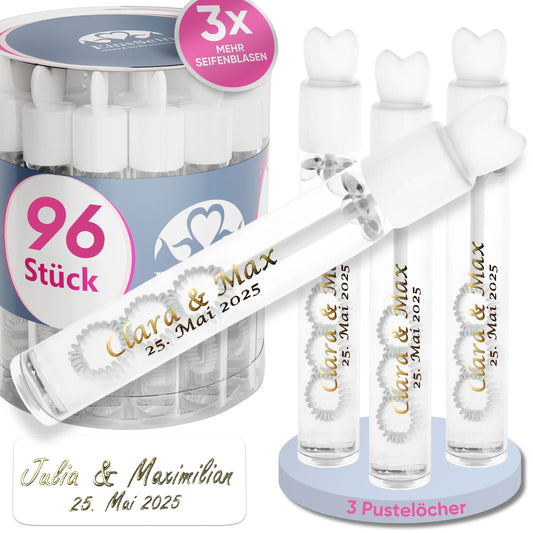 96 Seifenblasen Hochzeit Lovegläschen weiss mit 96 Aufkleber personalisiert
