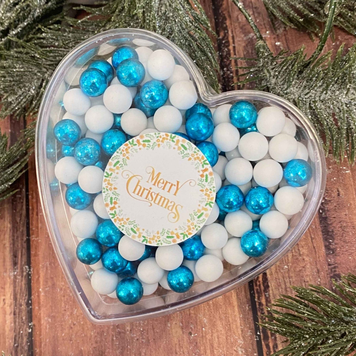 0,14kg Schokolade Weihnachts-Herz Weihnachtsgeschenk "Merry Christmas" weiss-blau