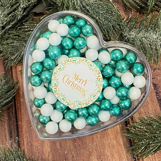 0,14kg Schokolade Weihnachts-Herz Weihnachtsgeschenk "Merry Christmas" weiss-grün