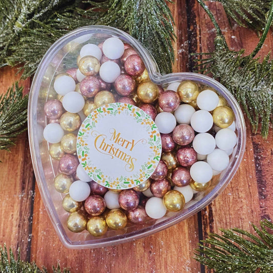 0,14kg Schokolade Weihnachts-Herz Weihnachtsgeschenk "Merry Christmas" weiss-gold-rosa