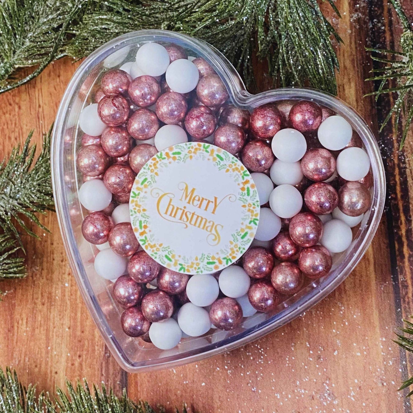 0,14kg Schokolade Weihnachts-Herz Weihnachtsgeschenk "Merry Christmas" weiss-rosa