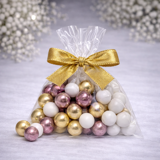 5 Stück kleine Gastgeschenke mit Schokokugeln weiss-gold-rosa