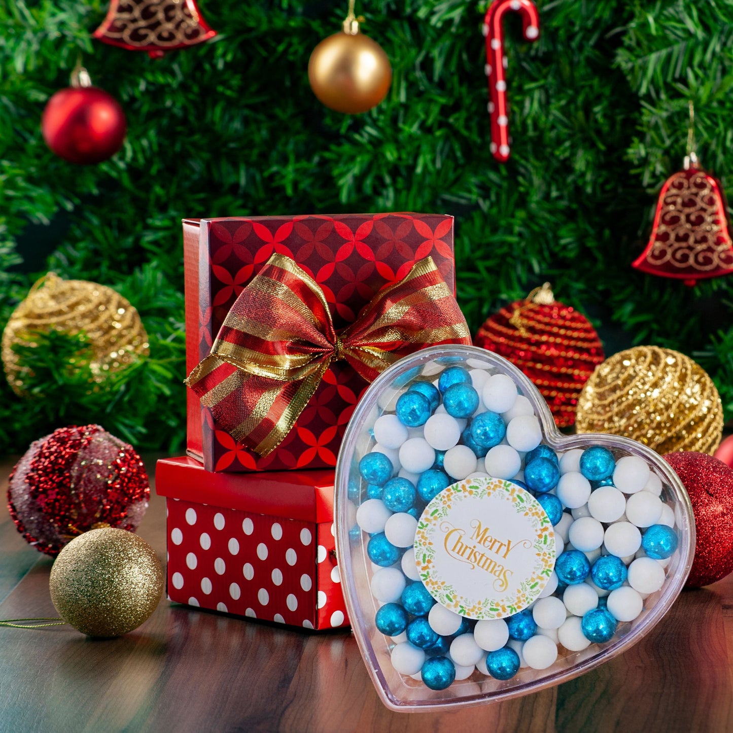 0,14kg Schokolade Weihnachts-Herz Weihnachtsgeschenk "Merry Christmas" weiss-blau