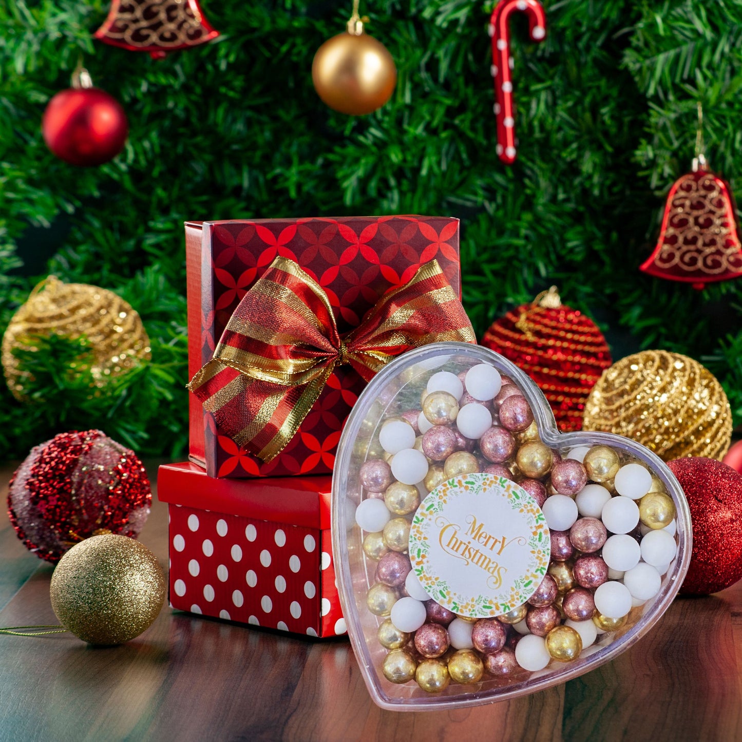 0,14kg Schokolade Weihnachts-Herz Weihnachtsgeschenk "Merry Christmas" weiss-gold-rosa