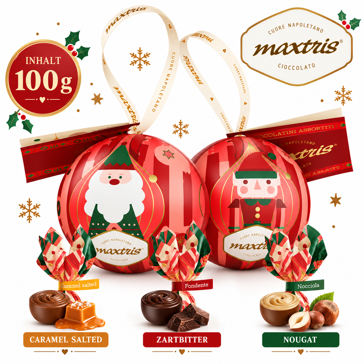 Weihnachtskugel mit Pralinen Karamell, Nougat & Zartbitter