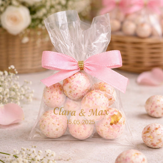 Personalisierte Gastgeschenke Hochzeit Taufe Babyshower weiss-rosa-gold – 10 Giveaways mit Crispy Schokokugeln